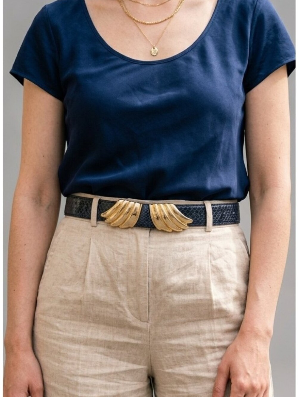 Vintage 80s Milor Navy Blue Genuine Snakeskin Belt Gold Sculptural Wing Clasp Sm